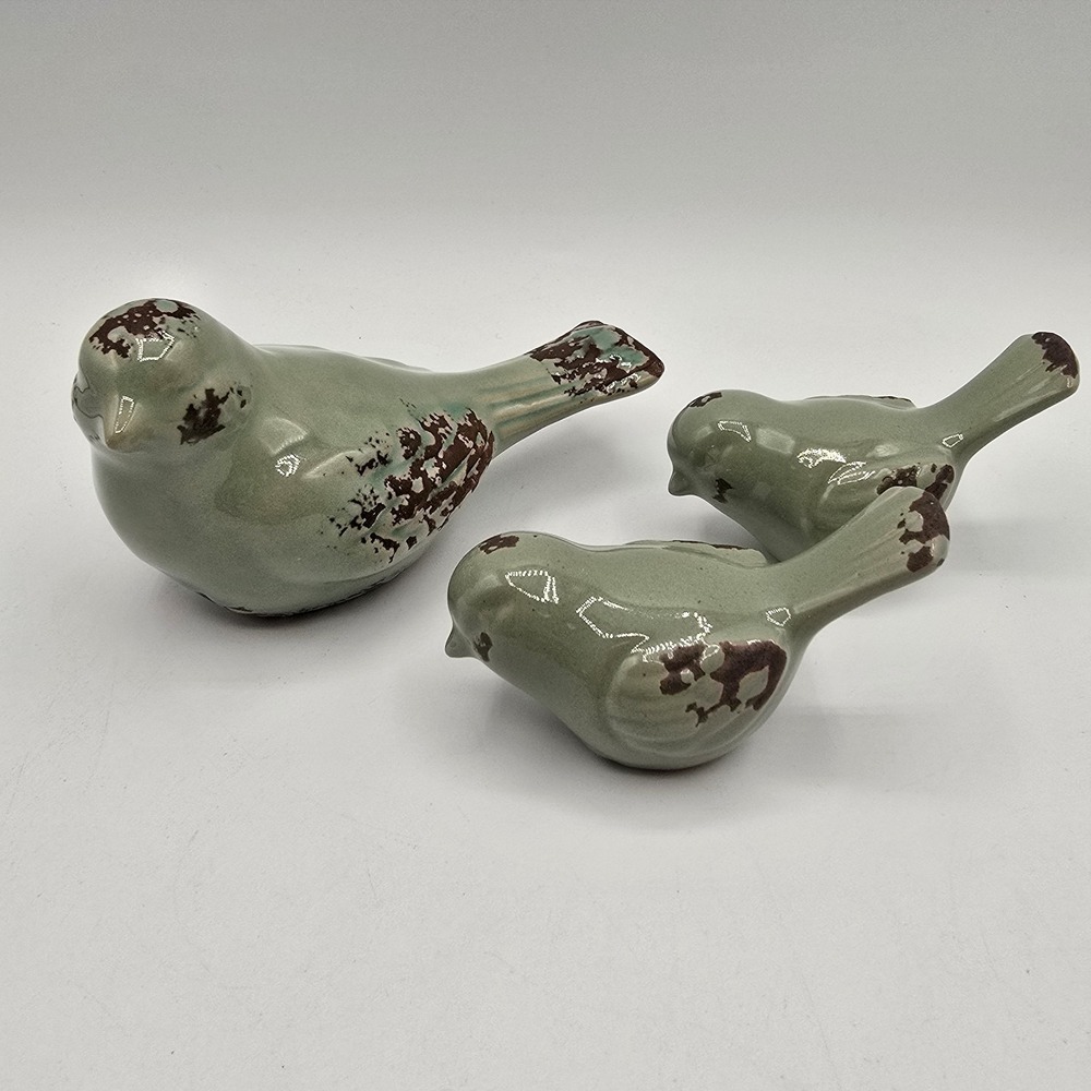 Vtg Green Bird Figurines Distressed Ceramic Clay Set of 3 Decor‎